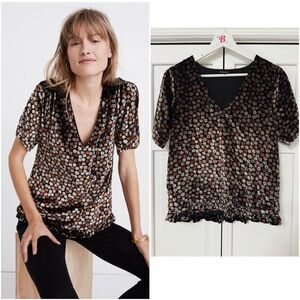Madewell Velvet Tulip-Sleeve Ruffle Top in Petite Blooms Burnout True Black XS